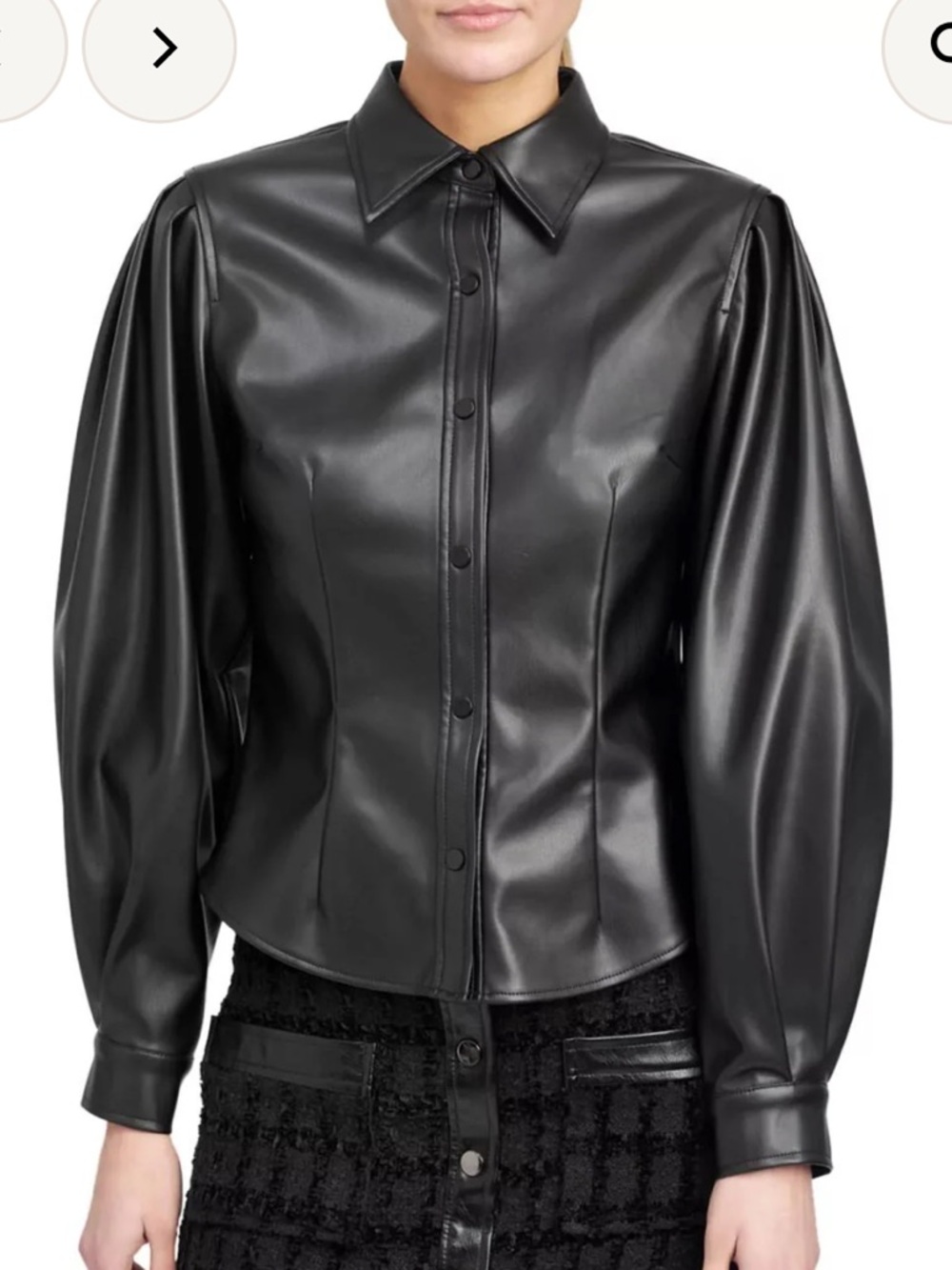 En Saison Black Faux Leather Puff-Sleeve Shirt Jacket NWT